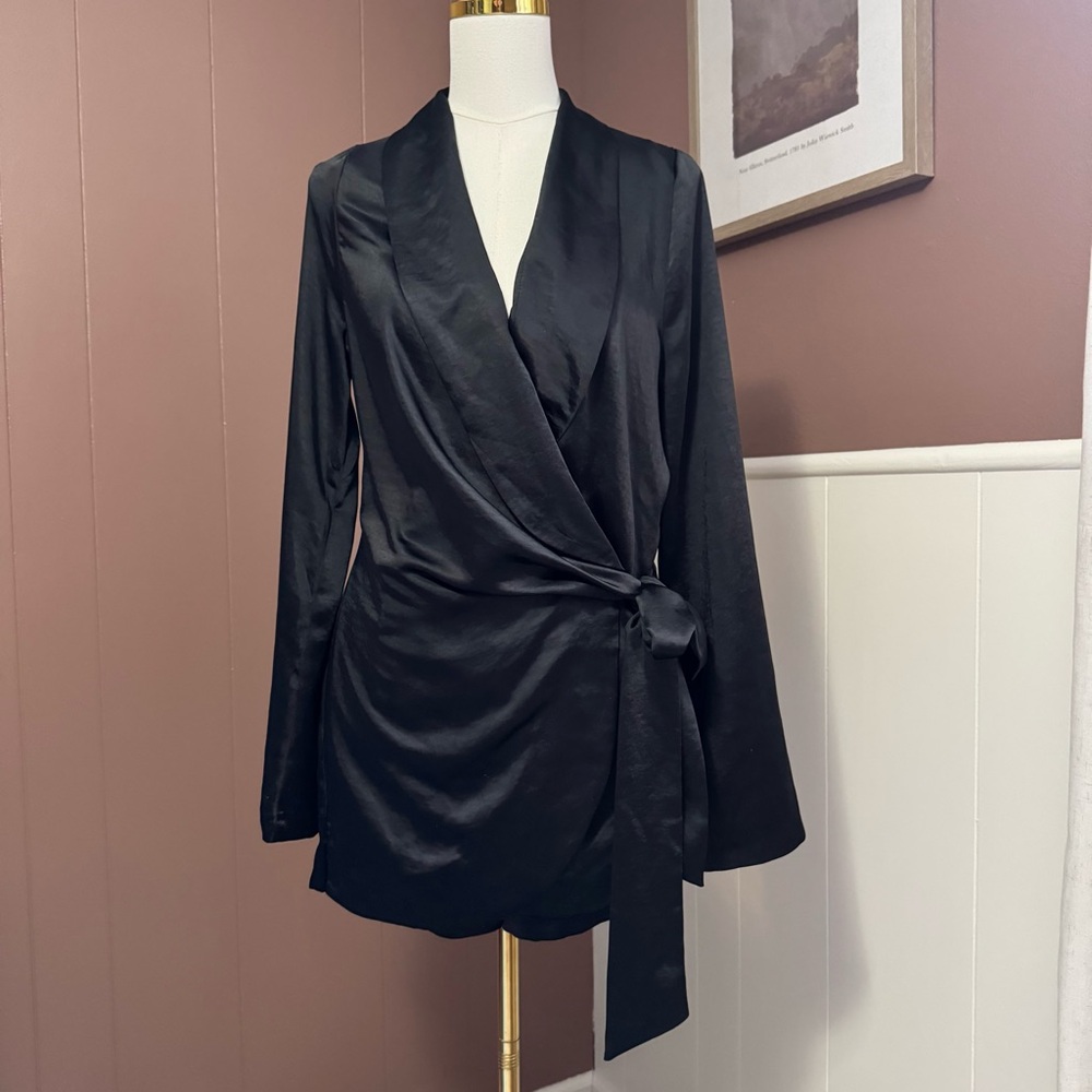 ASOS Women’s Black Satin Wrap Long Sleeve Romper